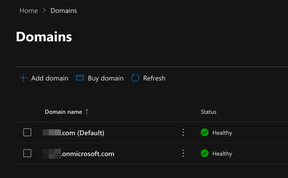 Microsoft Admin Domain Config showing custom domain configuration