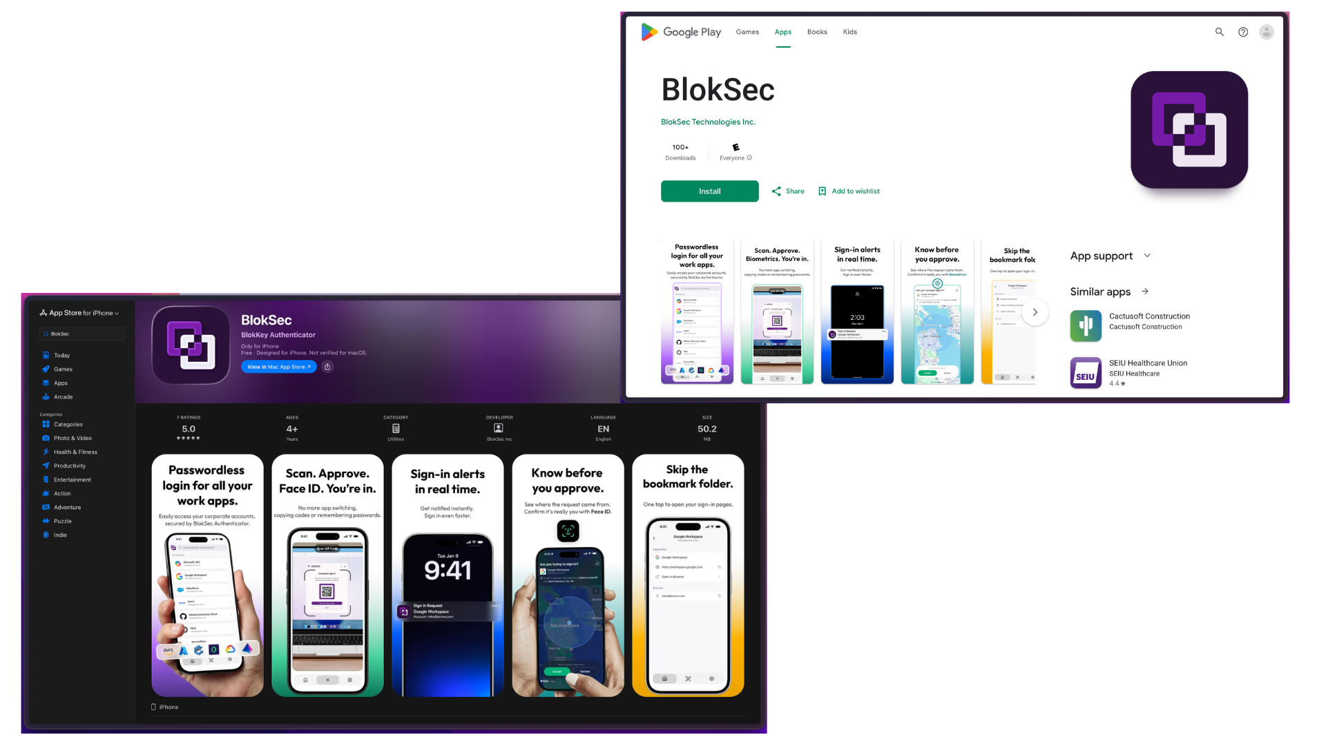 BlokSec app listing in the App Store and Google Play